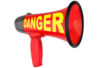 Red megaphone on white background isolated close up, word DANGER on loudhailer, loudspeaker icon,...