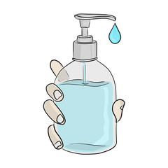 close-up hands holding alcohol sanitizer gel pump dispenser to protect Covid-19 virus or coronavirus vector illustration sketch doodle hand drawn isolated on white background