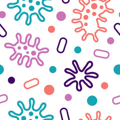 Vector seamless pattern with viruses, bacteria, microorganisms, biology cells. Symbols of virology, epidemiology, medical research of viruses, treatment of diseases and the fight against infection.