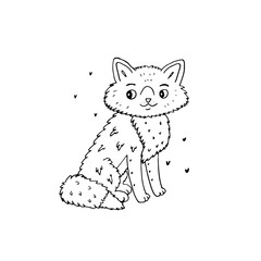 Animal forest vector. Cute hand drawn doodle cartoon fox. Black line art on white background