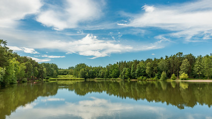 view of pond surrounded with trees with blue cloudy sky