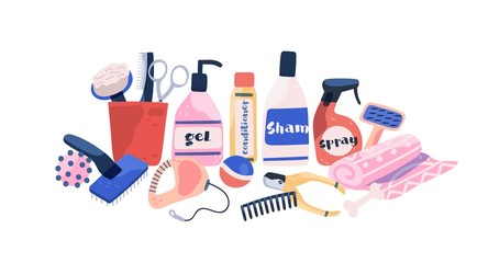 Collection dog and cat grooming equipment isolated on white background. Shampoo, comb, toys and tools for pet coat care vector flat illustration. Cartoon bottle for wash and clean of domestic animal