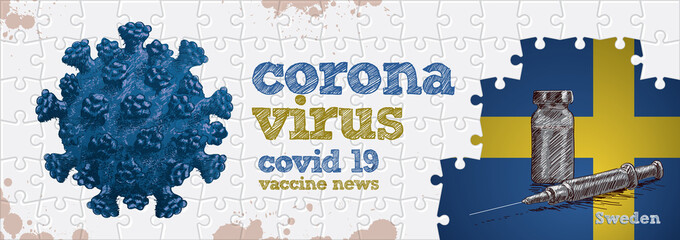 Sweden flag, corona virus and vaccine. Puzzle concept hand drawing