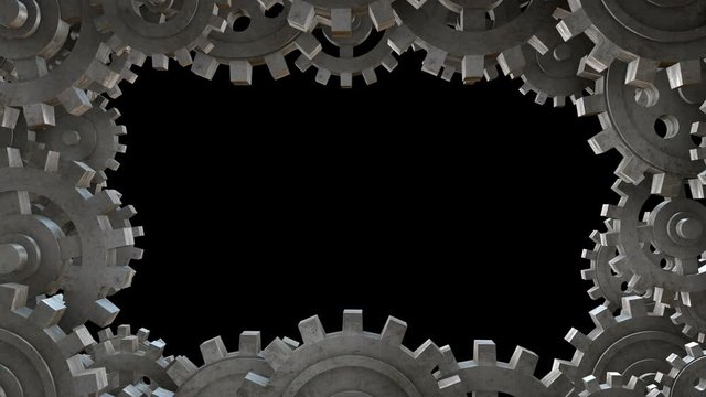 Realistic rotated metal gear wheels isolated on black background. Digital technology concept composition. Abstract looped 3d animation.