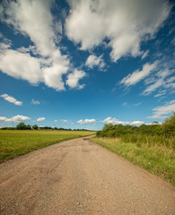 gravel road between field and forest with blue cloudy sky