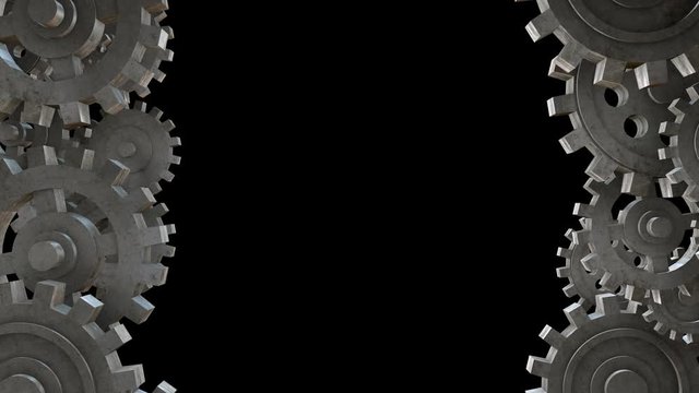 Realistic rotated metal gear wheels isolated on black background. Digital technology concept composition. Abstract looped 3d animation.