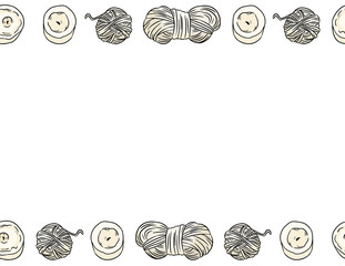 Cotton yarn threads comic style doodles seamless border pattern. Cozy boho craft postcard or banner mock up. Letter format decoration background texture tile. Space for text