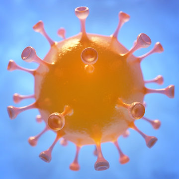 Coronavirus COVID-19. Orange coronavirus molecule or bacteria in the air close-up. 3D illustration.
