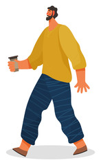 Man character holding cup of beverage isolated on white. Young person in casual clothes carry coffee in disposable tableware. Element of coffeehouse going adult male with hot drink in hand vector