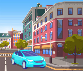 Obraz premium City center street with modern buildings and decor. Car riding on roads of modern town. Estates and architecture, cityscape with constructions. Townscape with vehicle. Vector in isometric 3D style