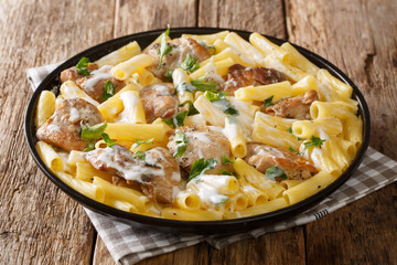 Italian dinner of pasta Tortiglioni with chicken in cheese cream sauce with herbs close up in a dish. horizontal