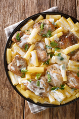 Tender pasta Tortiglioni with chicken in a spicy creamy sauce with herbs close-up in a plate on the table. Vertical top view
