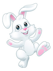 Obraz na płótnie Canvas The Easter bunny rabbit cartoon character waving and dancing or hopping along