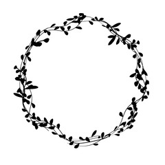 Monochrome round frame consisting of  twigs with petals