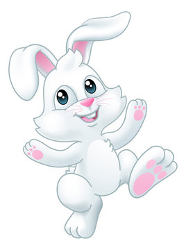 The Easter bunny rabbit cartoon character waving and dancing or hopping along