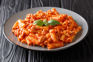 spicy Tortiglioni pasta with natural bolognese sauce and fresh basil close-up in a plate. horizontal