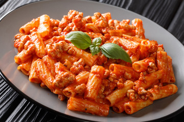 Tortiglioni pasta with bolognese sauce and fresh basil close-up in a plate on the table. horizontal