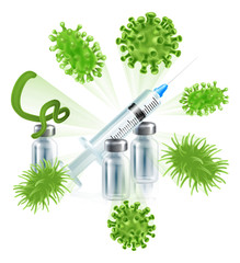 A syringe injection and medicine vial bottle deflecting bacteria or virus cells. Medical concept for immunization protection from a vaccine vaccination, herd immunity or other.