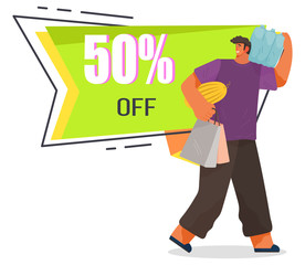 Naklejka premium Man stand near advertising sticker, tag with caption. Big sale in stores, discounts up to 50 percent off. Guy hold and carry shopping bags with products, food. Vector illustration in flat style