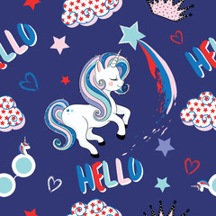 Rainbow unicorn pattern, pop art clouds and stars vector, children artworks, fashion graphic, wallpaper and greeting card designs.  © StudioLondon