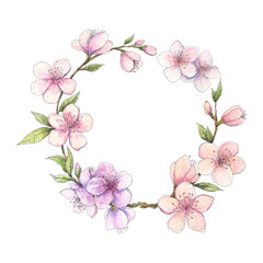 Spring cherry, almond, sakura, peach blossom circle frame. Hand drawn watercolor blooming tree branches wreath. Vintage floral elements for spring, wedding, birthday, greeting design. 