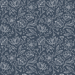 Delicate floral seamless pattern with flowers, leaves and herbs . White plants in a drawn style on a dark blue background. Simple design for fabric and other surface. Vector illustration