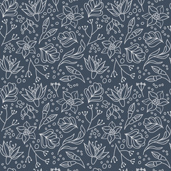 Delicate floral seamless pattern with flowers, leaves and herbs . White plants in a drawn style on a dark blue background. Simple design for fabric and other surface. Vector illustration