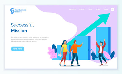 Successful mission of team, teamwork achieving results and success. People celebrating development of company or organization. Infochart and arrow. Website or webpage template, landing page vector