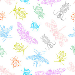 Colorful romantic summer butterflies, dragonfly, ladybug, moth, beetle seamless pattern background. Decorative vector illustration with spring insects. Abstract transparent seamless background.