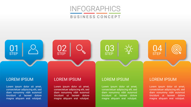 Business data visualization, infographic template with 4 steps on gray background, vector illustration