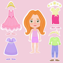Set of illustrations with a cute  ginger girl with accessories. set of clothes, wardrobe: princess dress, casual wear, crown and flower wreath. Cartoon paper doll or character.