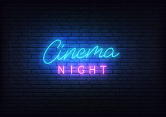 Cinema night neon. Glowing letteing Cinema label