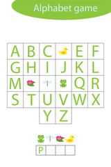 Pond life alphabet game for children, make a word, preschool worksheet activity for kids, educational spelling scramble game for the development of children, vector illustration