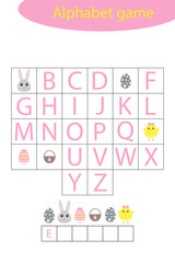 Easter alphabet game for children, make a word, preschool worksheet activity for kids, educational spelling scramble game for the development of children, vector illustration