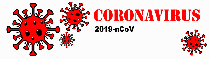 CORONAVIRUS 2019-nCoV - Red / black lettering and red cartoon Virus isolated on white background, with space for text