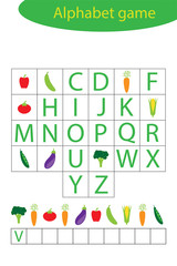 Vegetables alphabet game for children, make a word, preschool worksheet activity for kids, educational spelling scramble game for the development of children, vector illustration