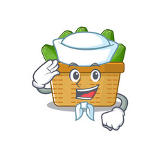 Cute avocado fruit basket Sailor cartoon character wearing white hat