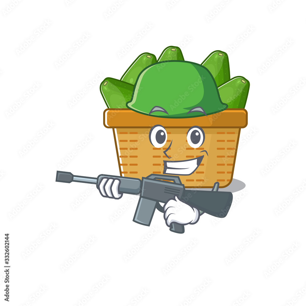 Sticker a picture of avocado fruit basket as an army with machine gun