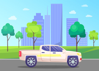 Car passing business center of big city. Cityscape with skyscrapers and modern architecture. Skyline and vehicle on road with trees and greenery. Summer townscape and street. Vector in flat style
