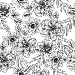 Seamless pattern with black and white colors. graphics. anemones. greenery. peonies. for fabric, background. decor. on white background