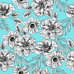 Seamless pattern with colors. Black and white flowers on a mint blue background. For invitations, weddings, fabrics, clothing