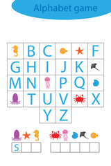 Sea world alphabet game for children, make a word, preschool worksheet activity for kids, educational spelling scramble game for the development of children, vector illustration