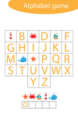 Ocean nimals alphabet game for children, make a word, preschool worksheet activity for kids, educational spelling scramble game for the development of children, vector illustration