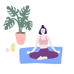 Illustration of woman doing asana. Yoga at home