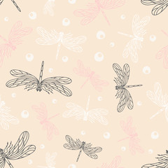 Fototapeta na wymiar Beige romantic summer dragonfly, beetle seamless pattern background. Abstract seamless background. Can be used for packaging, textiles, web design.