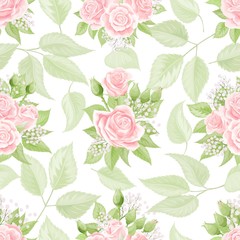 Seamless pattern with cream pink roses. Vintage floral background