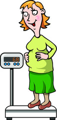 Happy pregnant woman with a smile on her face touches her stomach, weighing herself on the scales. Flat vector. Illustration in caricature style.