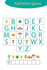 Summer alphabet game for children, make a word, preschool worksheet activity for kids, educational spelling scramble game for the development of children, vector illustration