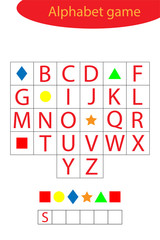 Shapes alphabet game for children, make a word, preschool worksheet activity for kids, educational spelling scramble game for the development of children, vector illustration