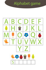 Spring alphabet game for children, make a word, preschool worksheet activity for kids, educational spelling scramble game for the development of children, vector illustration